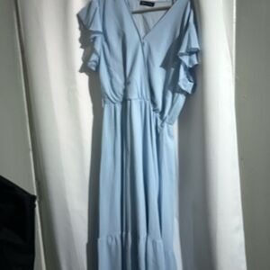 Elegant Light Blue Ruffle Sleeve Dress